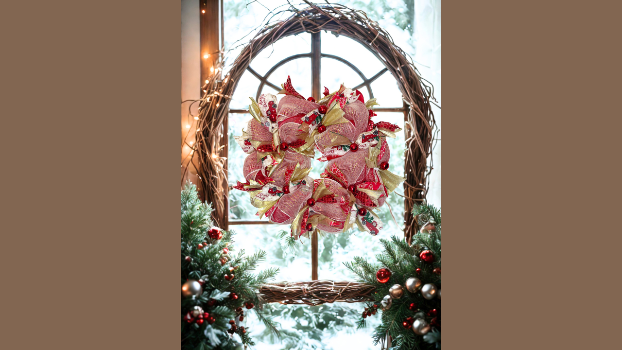 Red & Gold Deco Mesh Poof Wreath – Handmade Holiday Door Décor (Made to Order)