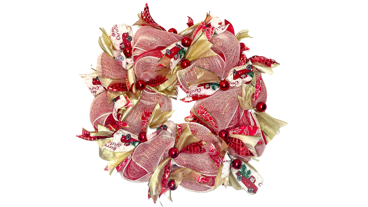 Red & Gold Deco Mesh Poof Wreath – Handmade Holiday Door Décor (Made to Order)