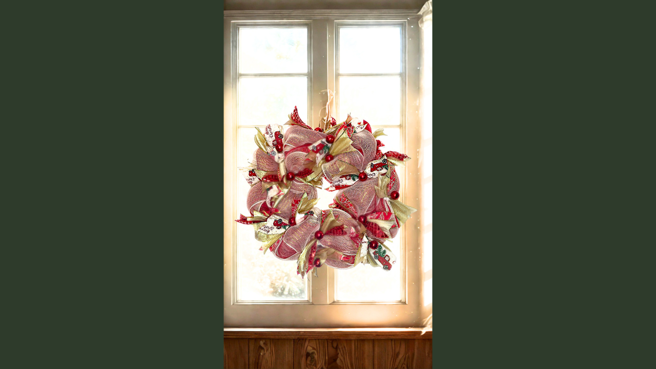 Red & Gold Deco Mesh Poof Wreath – Handmade Holiday Door Décor (Made to Order)