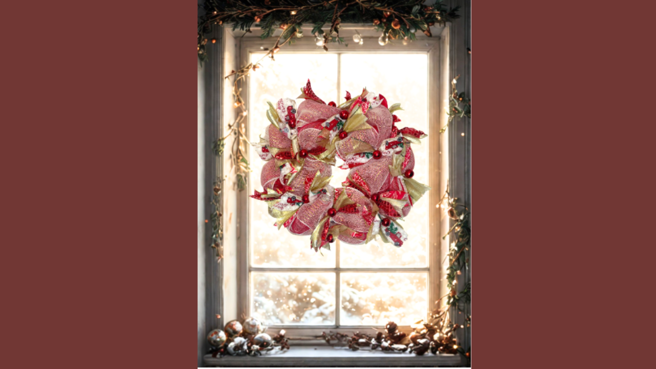 Red & Gold Deco Mesh Poof Wreath – Handmade Holiday Door Décor (Made to Order)